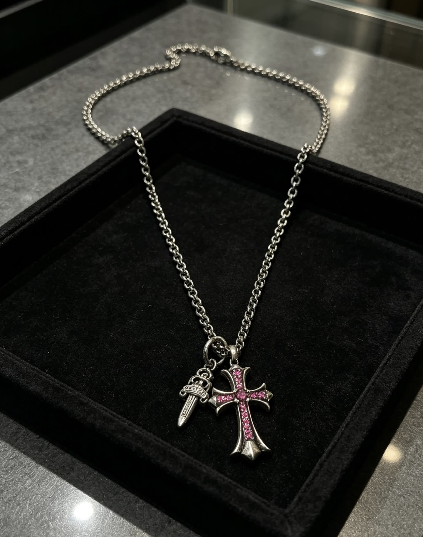 Chrome Hearts Silver Cross Pendant with Pink Stones